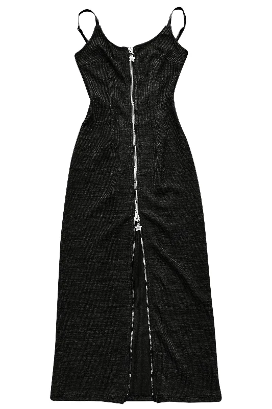 Spring Offer Subtle Sophistication Black Zip-Down Rib Knit Maxi Dress