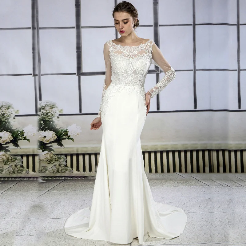 Hot Brand Discounts Romantic Detailing Vintage Sheer Floral Lace Wedding Dress with Long Sleeves