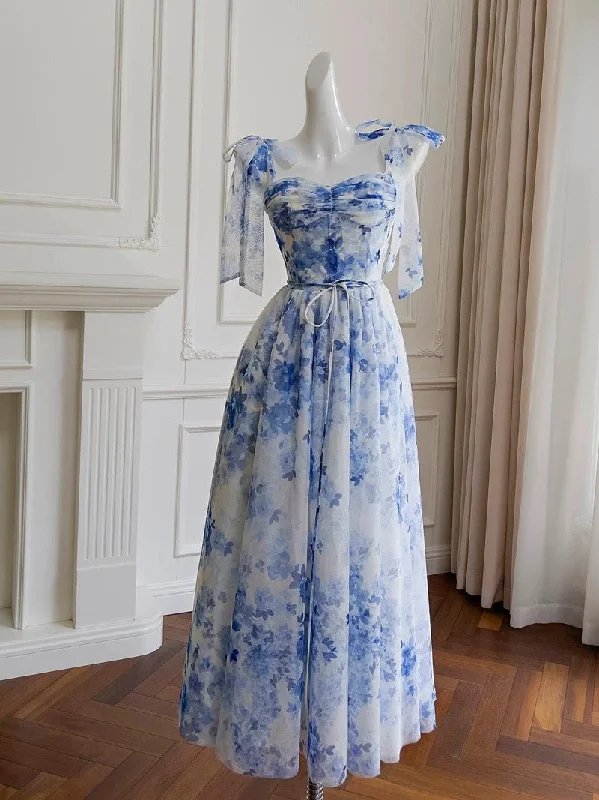 Limited Time Effortless Grace Pretty A Line Spaghetti Straps Long Blue Floral Prom Dress Evening Dresses C2205