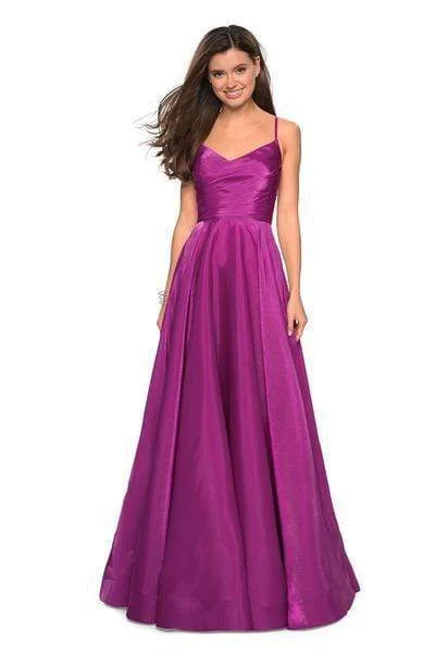 Trendy Threads Exquisite Craftsmanship La Femme - 27226 Pleated V-neck Satin A-line Dress