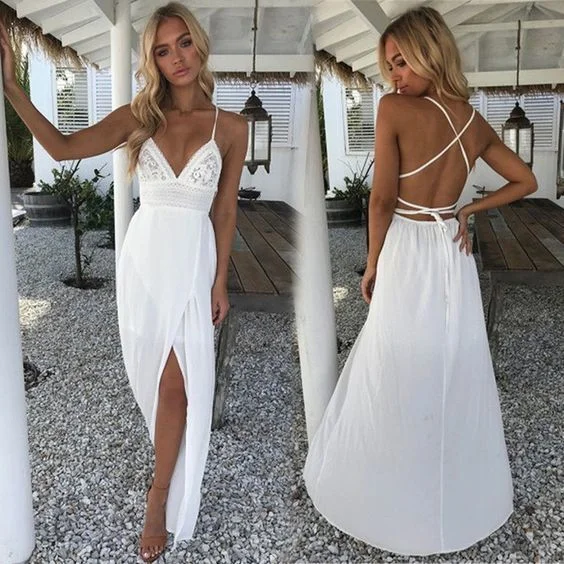 Effortless Style, Endless Impact Minimalist Chic Floral White V-neckline Boho prom Dress   cg9874