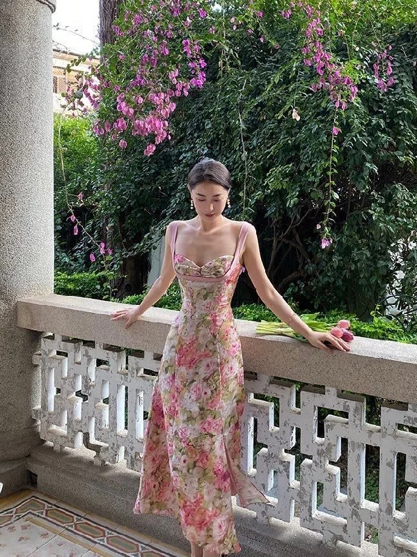 Modern Fashion Sale Modern Romance Vintage A Line Straps Floral Chiffon Slit Evening Dress Prom Dresses Birthday Outfits BD2496