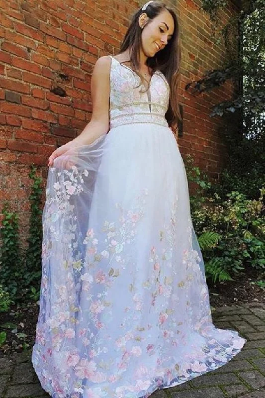 Mega Sale Elevated Style White A Line V Neck Long Lace Floral Prom Dress, Floral White Formal Graduation Evening Dress   cg16091