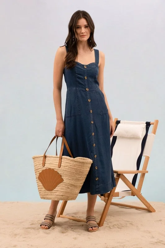 Unleash Your Fashion Elegant Details DANNIE DARK CHAMBRAY BUTTON DOWN SLEEVELESS MAXI DRESS