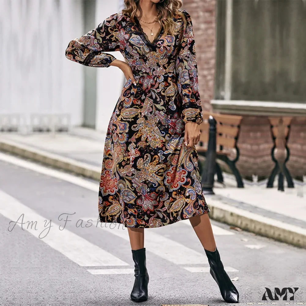 Vintage-Modern Style Offers Elegant Contour Amy Fashion - Autumn Sweet Fresh Bohemian Long Sleeve Floral Boho Dress