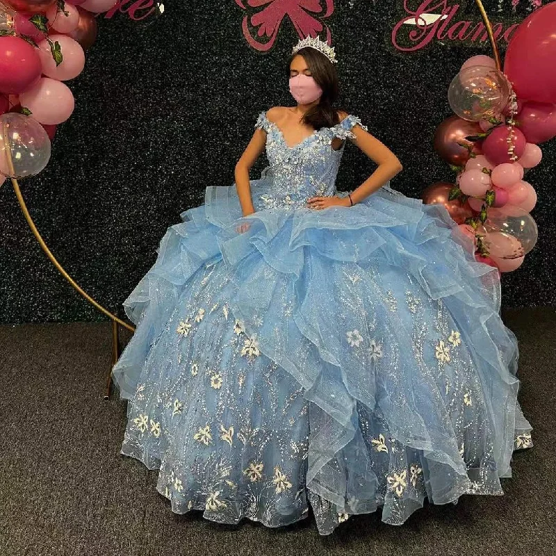 Fashion-Forward Offers Rustic Countryside Charm Look Blue Ball Gowns Quinceanera Dress For Sweet Girl Beading Sequin Appliques Sweetheart Princess Party Gown Vestidos De Quinceañera