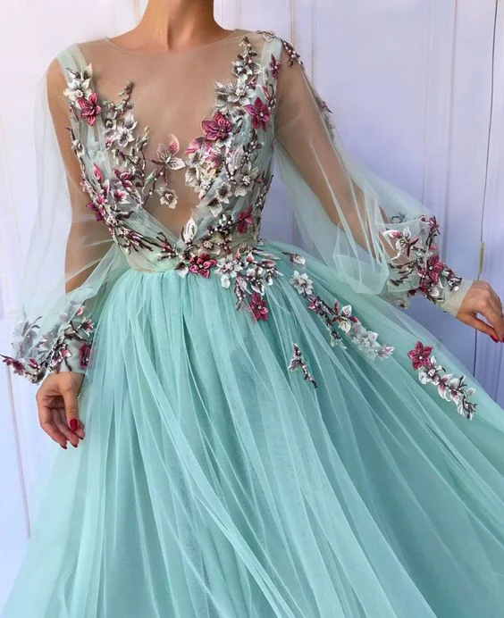 Sporty Fashion Offers Exquisite Craftsmanship Blue tulle floral embroidered puff sleeve prom dress ,tulle evening dress,party dress   cg18068