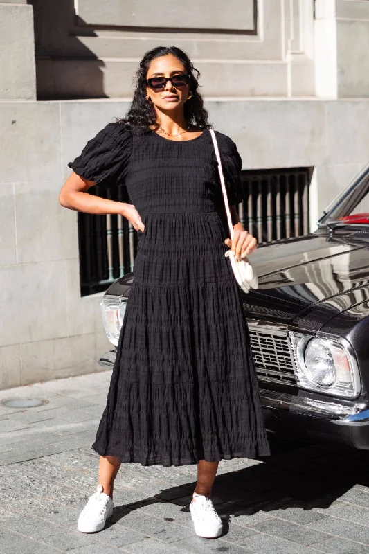 Affordable Luxury Fashion Playful Elegance Graceful Black Shirred Cotton Bubble Sleeve Tiered Maxi Dress