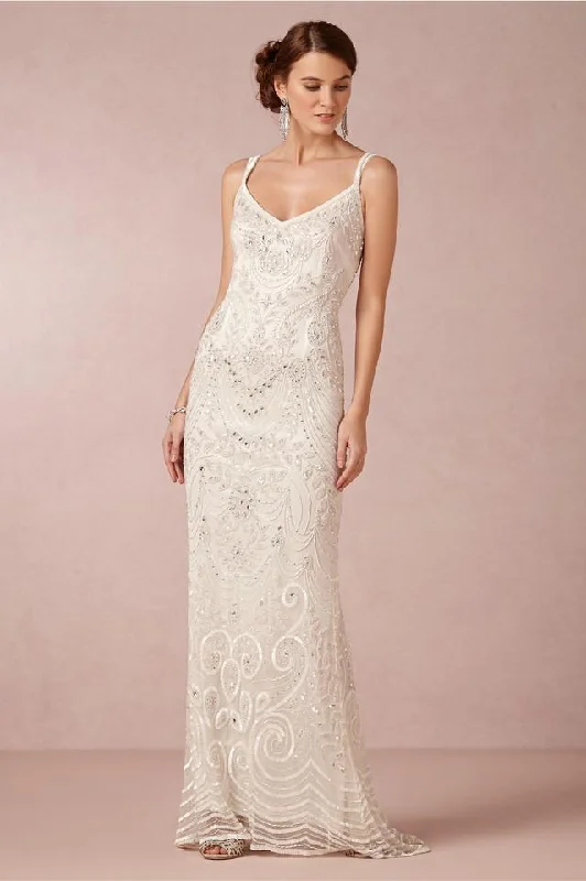 Limited Stock Cottagecore Rustic Charm Style Theia - 890046SC Deep V-Neck Dual Straps Sequined Gown