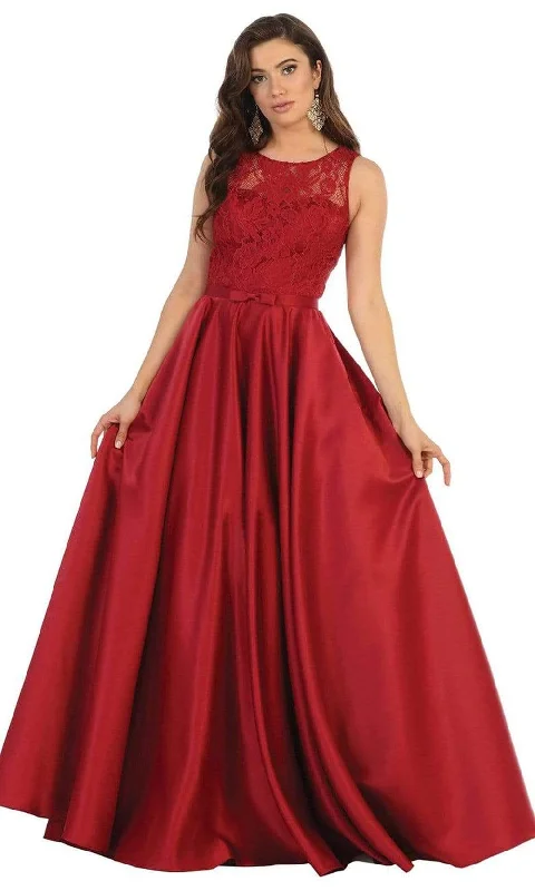 Forward Trendsetter Statement Piece May Queen - MQ1688 Lovely Lace Tank Bow Accent Satin Long Dress