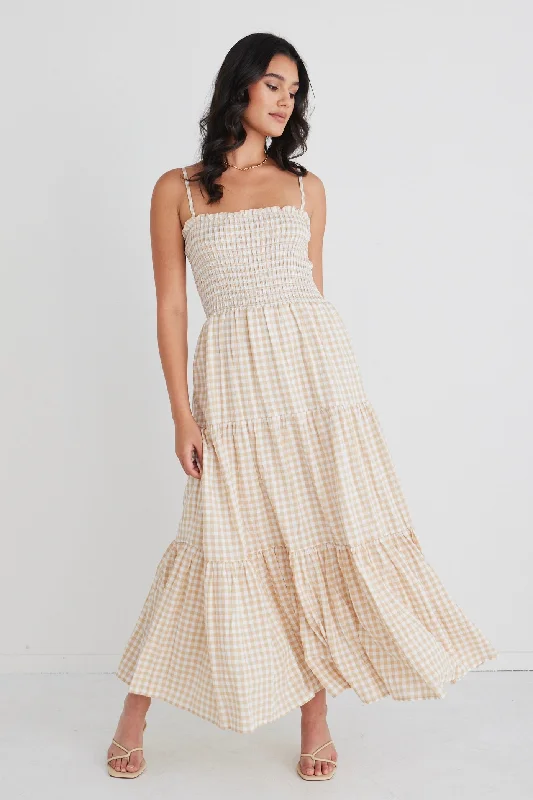 Classic Elegance Sales Minimalist Office - Ready Style Serenity Sand Gingham Strappy Shirred Bodice Tiered Maxi Dress