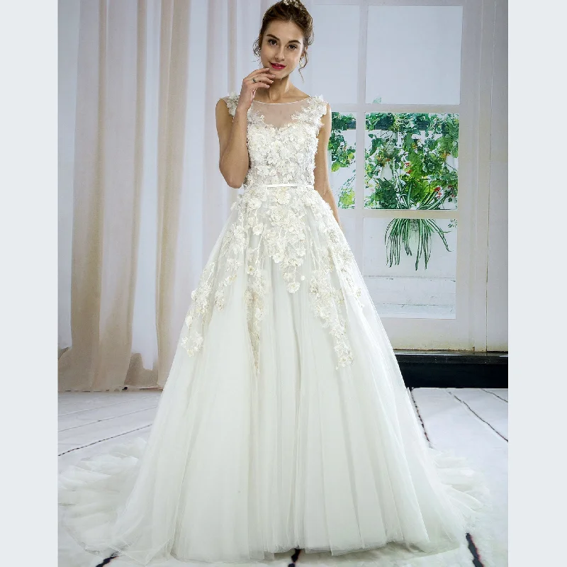 Limited Time Tropical Island - Inspired Attire Sheer High Boat Neckline 3D Flower Tulle Wedding Dress A-line