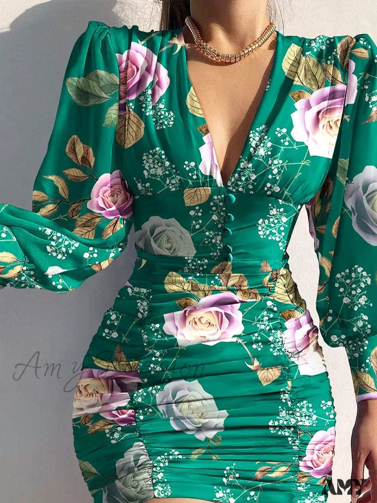 Relaxed Style Deals Vibrant Prints Amy Fashion - Sexy Puff Lantern Sleeve Plunge Floral Print Dress