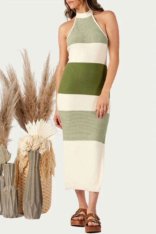 Laid-Back Fashion Offers Charming Silhouette Brizo Knitted Halterneck Midi Dress In Ivory/green