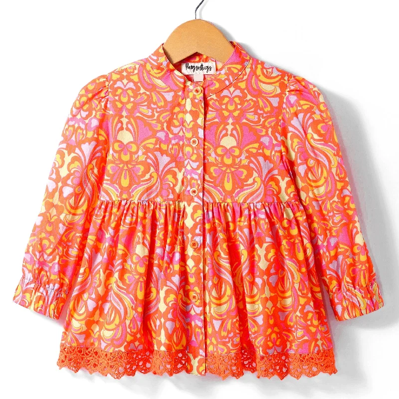 Seasonal Clearance Boho Chic Pre-Order: All over floral print full sleeves top with lace at the bottom-Orange