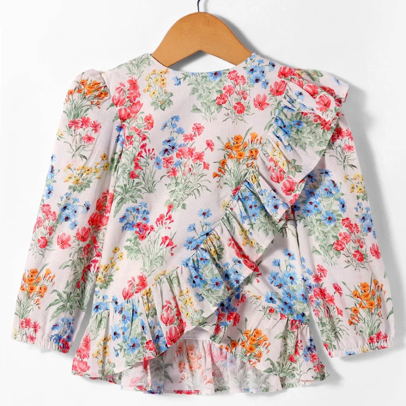 Fashion Frontiers Luxury Style Pre-Order:Floral print full sleeves top with round neck and frill across front-White