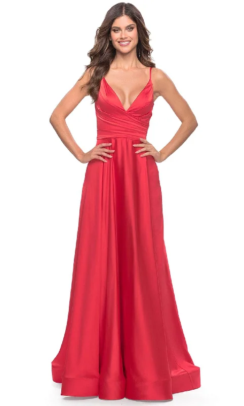 Fashion Sale Vintage Retro Party Wear La Femme 31121 - Deep V-Neck Satin Prom Gown