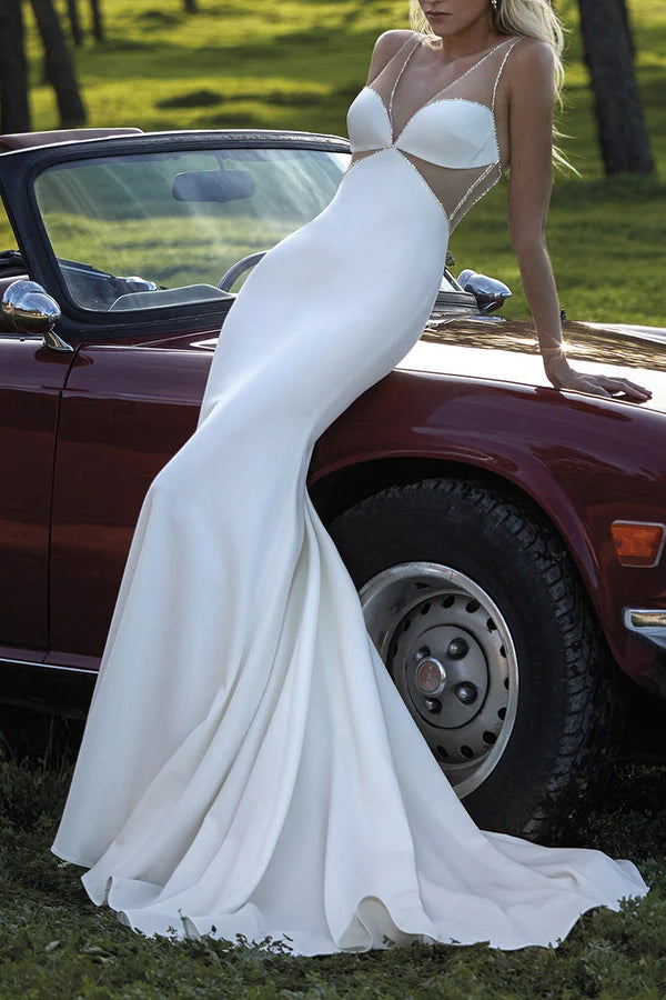 Massive Selection Sale Floral Style Enchanting illusion deep V-neck pearl fish tail wedding dress