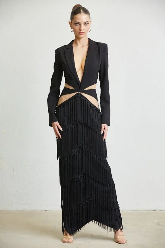 Chic & Modern Sales Feminine Flow Metropolitan Blazer cut out fringe maxi dress