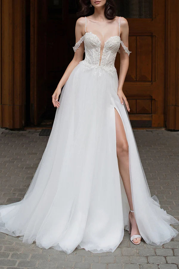 Vintage-Inspired Style Offers Exquisite Craftsmanship Sexy deep V-neck beaded side slit A-line pastoral wedding dress