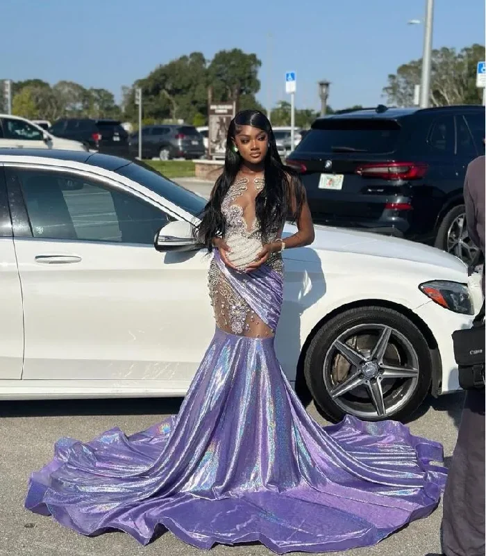 Buy More, Save More Luxury Style Lilac Purple Sparkly Mermaid Evening Ceremony Party Dresses for Black Girl Luxury Diamond Gillter Sheer Prom Birthday Gala Gown