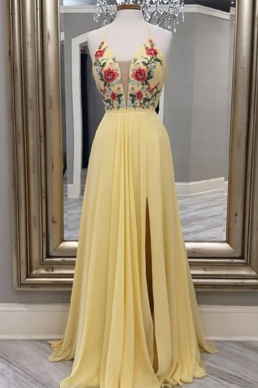 Hot Brand Discounts Boho - Chic Festival - Ready Style A-line yellow floral embroidery long prom dress with side slit    cg20503