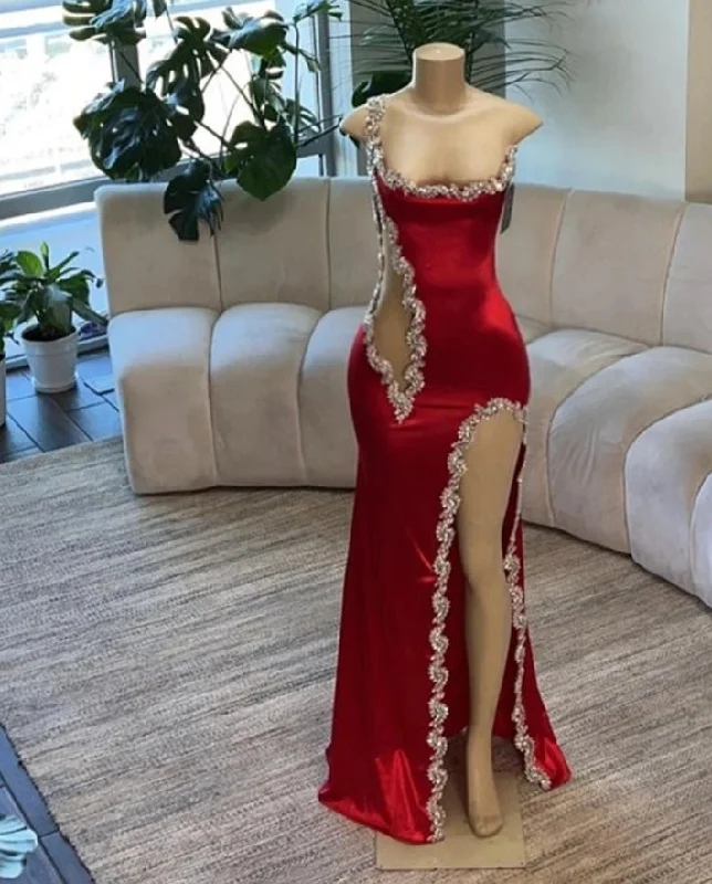 Fashionista Favorites Vintage Charm Sexy Red Beaded Spaghetti Mermaid Prom Dresses Luxury Gown One Shoulder Slit Birthday Dress Black Girl