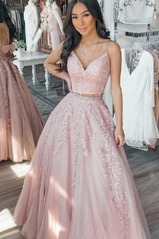 Daring Fashion Promotions Charming Silhouette V Neck Two Pieces Pink Floral Lace Long Prom Dress, Pink Lace Formal Graduation Evening Dress   cg12101