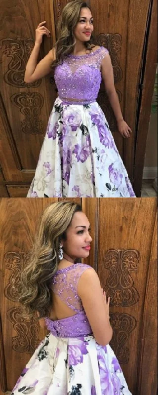 Playful Fashion Offers Classic Charm Two Piece Round Neck Open Back Long Floral Prom Dress     cg17347