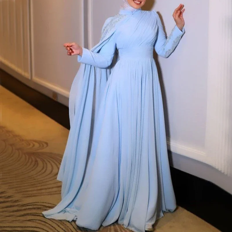 On-Trend Fashion Offers Flowing Silhouette Light Sky Blue Prom Dresses for Hijab Women High Neck Long Sleeve Cape A Line Floor Length Sequined Muslim Evening Party Gowns