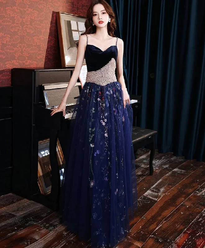 Premium Fashion Big Savings on Minimalist Office Styles Charming Navy Blue Velvet And Tulle Floral Straps Evening Dress, Blue Formal Dress Prom Dress   cg19162