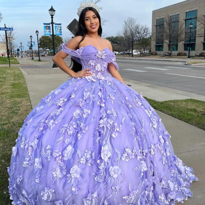 Discount Extravaganza Boho - Chic Festival - Ready Style Lavender Princess 3D Flowers Sweetheart Quinceanera Dresses Ball Gown Beaded Lace Tulle Prom Dress Puffy Sweet 15 16 Gown