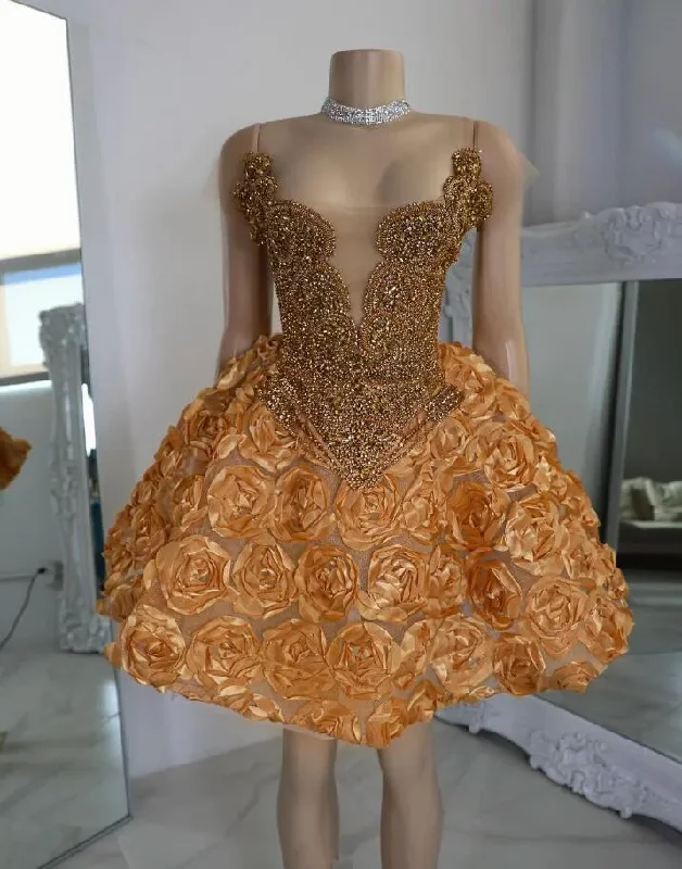 Luxury Fashion Discounts Graceful Drape Golden Sparkly Short Prom Homecoming Dresses for Black Girl 3D Rose Skirt Luxury Diamond Birthday Gala Ceremony Cocktail Gown