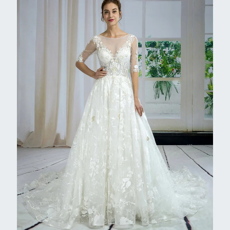 Shop Sale Items Save on Classic Elegant Styles Sheer Neck Half Sleeves Wedding Dresses Bridal Gowns