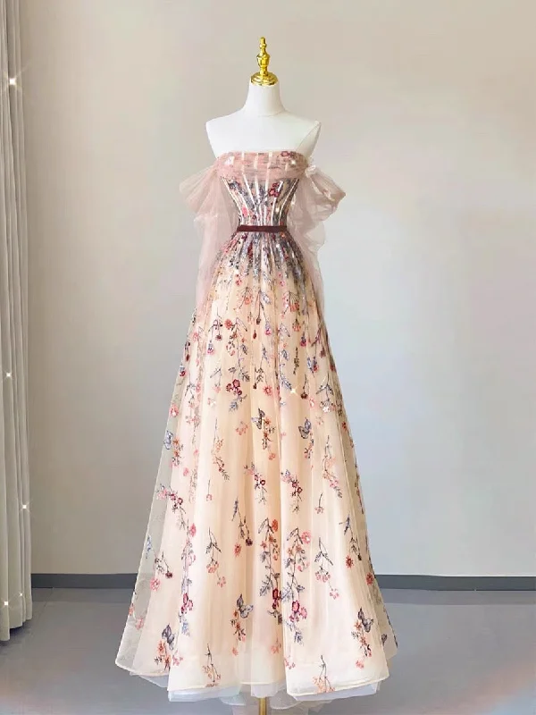 Vintage-Inspired Style Offers Romantic Detailing Elegant A Line Strapless Off The Shoulder Floral Lace Long Prom Dress Evening Dresses C3247