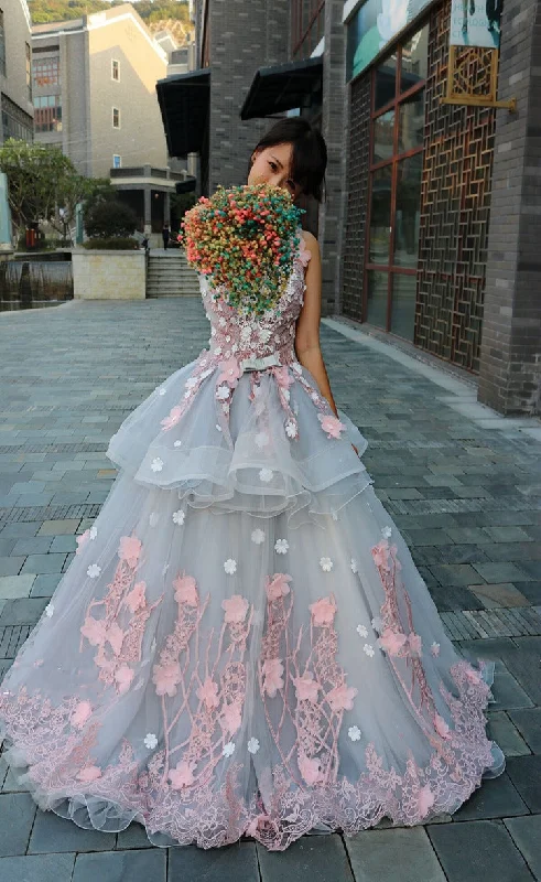 Fashion Forward Femininity Dreamy Aesthetic Formal Prom Dresses Short Sleeves Floral Long Formal Gown    cg21259