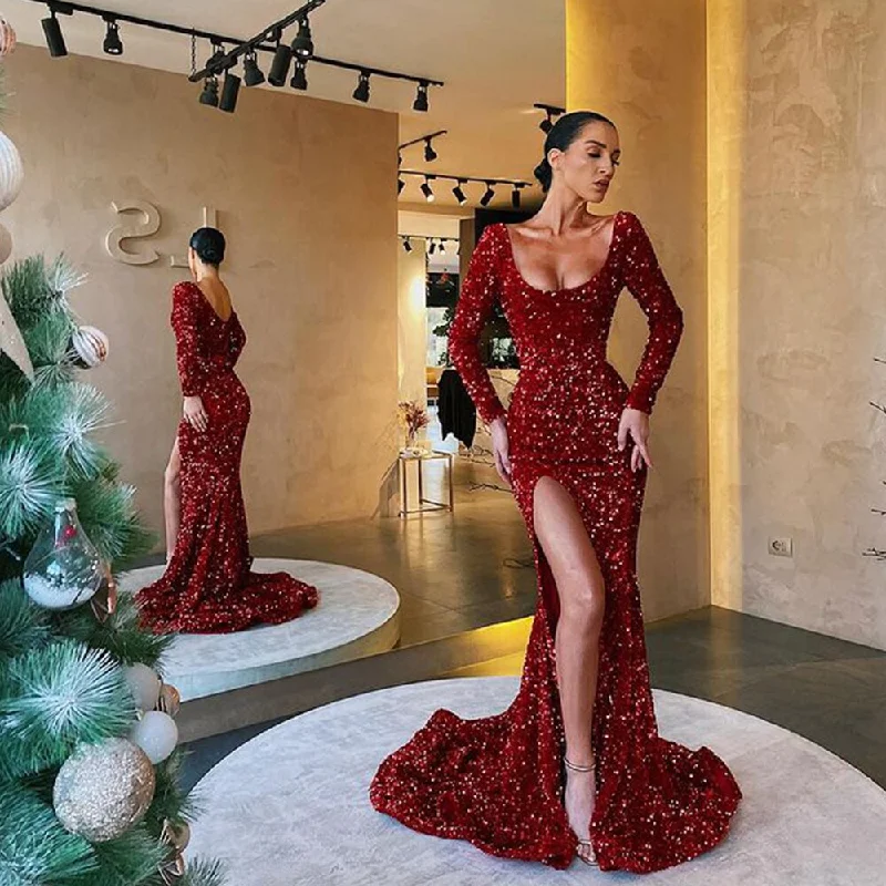 Gift Ideas Classic Timeless Elegant Style Burgundy Shinny Sequin Mermaid Evening Dress Scoop Neck Full Sleeves High Slit Formal Prom Gown Robes De Soirée.BG032