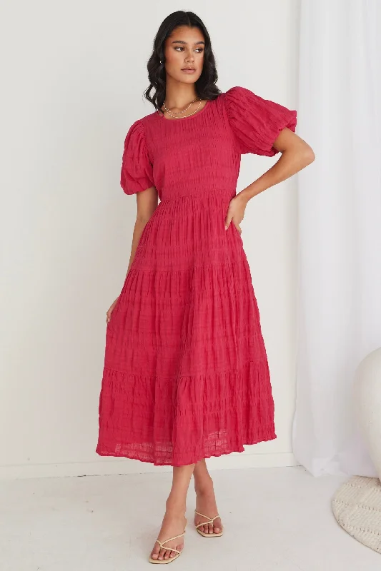 Elevated Casual Discounts Tropical Island - Inspired Attire Graceful Raspberry Shirred Cotton Bubble Sleeve Tiered Maxi Dress