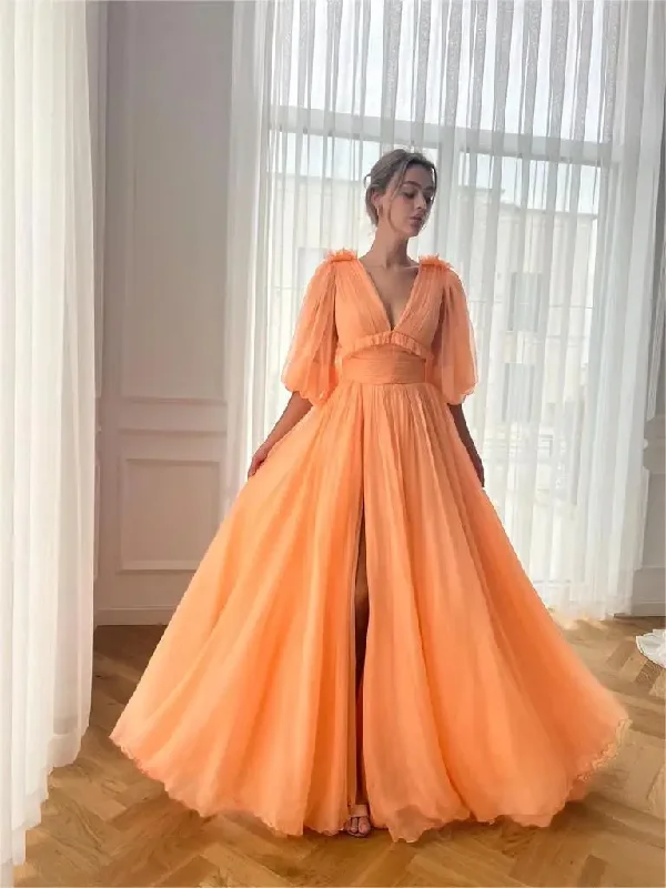 Gift Ideas Timeless Elegant Women's V Neck Puffy Sleeve Prom Dresses Open Back Long Chiffon High Slit Formal Party Gown with Pockets