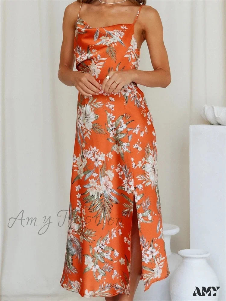 Sophisticated Fashion Limited - Edition Drops Amy Fashion - Women V-neck Floral Print Sleeveless Strap Side Split   for Party Club Wedding Night Female Vestidos