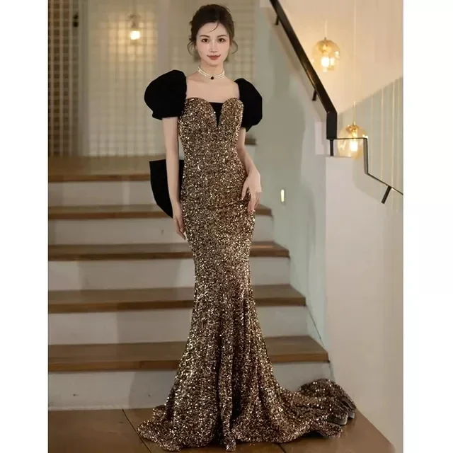 Shop Sale Items Flowy Fabric Champagne Mermaid Celebrity Dresses Puff Sleeves Luxury Vintage Floor Length Shiny Beading Velvet Cocktail Evening Gowns