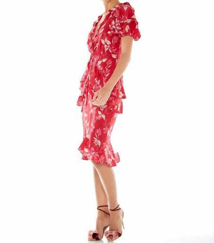 Hot Deals Graceful Drape Pollen Midi Dress In Red Leaf Print