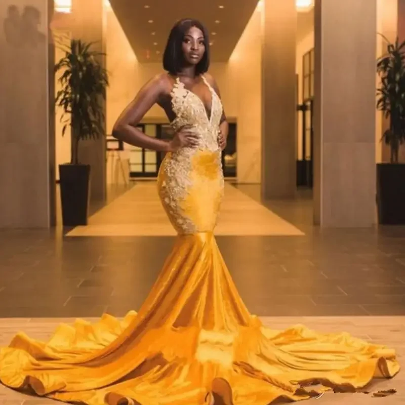 Seize Bargains Urban Sophistication Gougeous Yellow Velvet Long Train Mermaid African Prom Dresses Backless Beads Black Girl Party Gown Plus Size Long Evening Dress