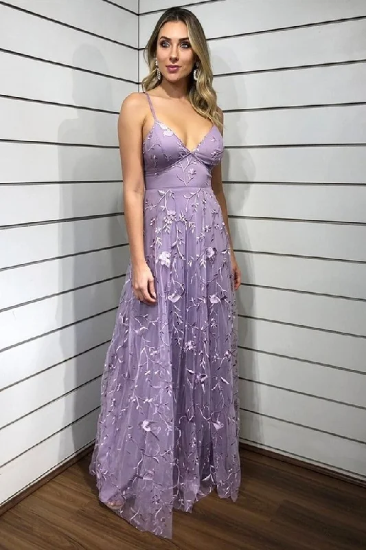 Limited-Time Offer Feminine Flow V Neck Purple Lace Floral Long Prom Dress, Purple Lace Formal Dress, Purple Evening Dress   cg15707