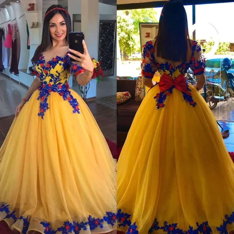 Luxury Fashion Ethnic Cultural Event Wear Yellow Gold Belle Princess Prom Dresses Sheer Neck Royal Blue Lace Appliques Fairy Tulle Costume Evening Gown Vestido De 15 Anos