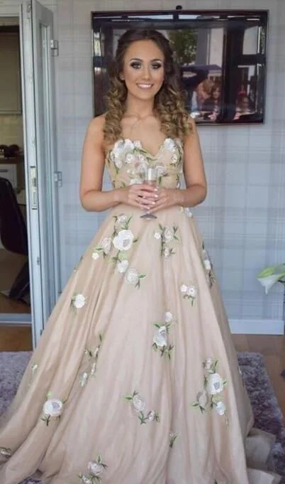 Trend Alert Classic Timeless Elegant Style princess long prom dress, champagne long prom dress with floral embroidery    cg15505