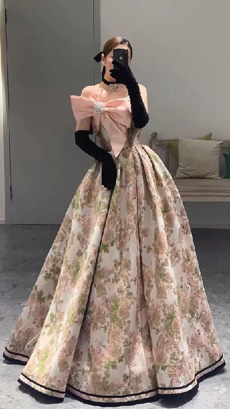 Contemporary Fashion Sale Effortless Sophistication Chic Ball Gown Strapless Floral Satin Pink Long Prom Dresses With Bow Party Dress C3205