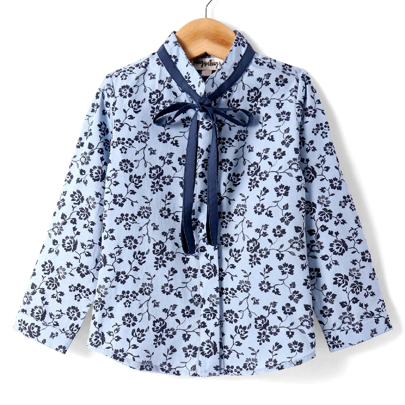 Unleash Your Trendy Side Classic Appeal Pre-Order: Floral print full sleeves button down shirt with navy solid tie up at neck-Blue