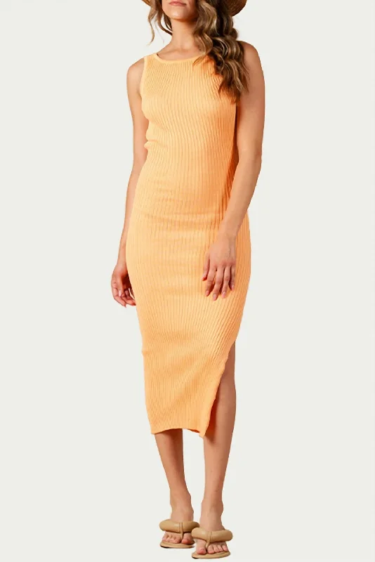 Cozy Comfort Style Sale Feminine Elegance Amaryllis Open-Back Ribbed Knit Midi Dress In Apricot