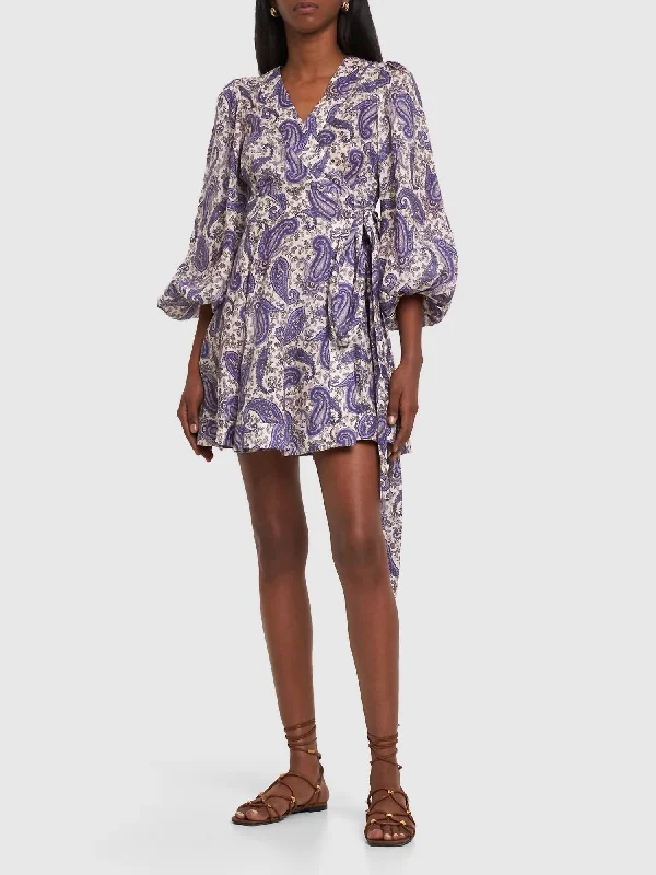 Bold Fashion Sales Vibrant Prints Devi Printed Linen Wrap Mini Dress In Indigo/cream Paisley